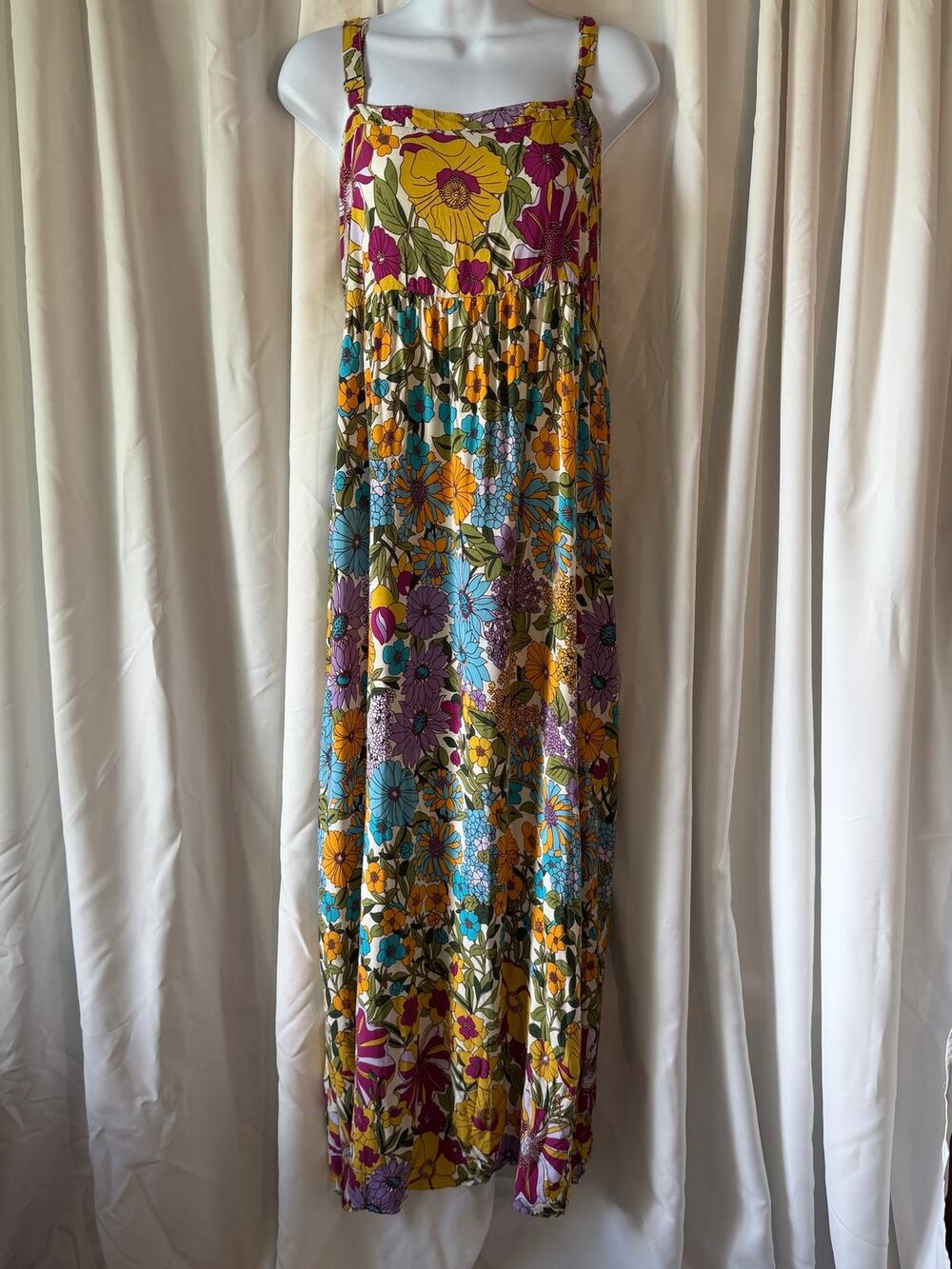 Natural Life Boho Floral Maxi Dress XL Retro 70s Rayon Sun Dress Cottagecore